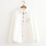 Wjczt Spring Autumn Colorful Buttons Sweet Shirt Women Mori Girl Solid Blue White Embroidery Long Sleeved Female Kawaii Blouse U116