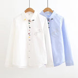 Wjczt Spring Autumn Colorful Buttons Sweet Shirt Women Mori Girl Solid Blue White Embroidery Long Sleeved Female Kawaii Blouse U116