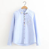 Wjczt Spring Autumn Colorful Buttons Sweet Shirt Women Mori Girl Solid Blue White Embroidery Long Sleeved Female Kawaii Blouse U116