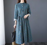 Wjczt New 2022 Autumn Women&#39;s Dress Floral Print Casual Loose Fashion Cotton Linen Long Sleeve Elegant Ladies Dresses Blue Yellow