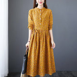 Wjczt New 2022 Autumn Women&#39;s Dress Floral Print Casual Loose Fashion Cotton Linen Long Sleeve Elegant Ladies Dresses Blue Yellow