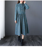 Wjczt New 2022 Autumn Women&#39;s Dress Floral Print Casual Loose Fashion Cotton Linen Long Sleeve Elegant Ladies Dresses Blue Yellow