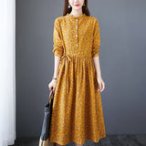 Wjczt New 2022 Autumn Women&#39;s Dress Floral Print Casual Loose Fashion Cotton Linen Long Sleeve Elegant Ladies Dresses Blue Yellow