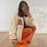 Wjczt Y2k Green Print Fashion Baseball Bomber Coat 2022 Autumn Winter Oversized Patchwork Jacket Varsity Women Casual White