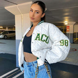 Wjczt Y2k Green Print Fashion Baseball Bomber Coat 2022 Autumn Winter Oversized Patchwork Jacket Varsity Women Casual White