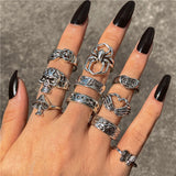 Wjczt Punk Gothic Heart Ring Set for Women Black Dice Vintage Spades Ace Silver Plated Retro Rhinestone Charm Billiards Finger Jewelry