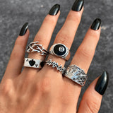 Wjczt Punk Gothic Heart Ring Set for Women Black Dice Vintage Spades Ace Silver Plated Retro Rhinestone Charm Billiards Finger Jewelry