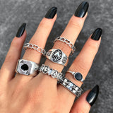 Wjczt Punk Gothic Heart Ring Set for Women Black Dice Vintage Spades Ace Silver Plated Retro Rhinestone Charm Billiards Finger Jewelry