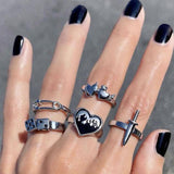 Wjczt Punk Gothic Heart Ring Set for Women Black Dice Vintage Spades Ace Silver Plated Retro Rhinestone Charm Billiards Finger Jewelry