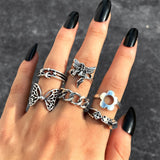 Wjczt Punk Gothic Heart Ring Set for Women Black Dice Vintage Spades Ace Silver Plated Retro Rhinestone Charm Billiards Finger Jewelry