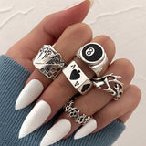 Wjczt Punk Gothic Heart Ring Set for Women Black Dice Vintage Spades Ace Silver Plated Retro Rhinestone Charm Billiards Finger Jewelry