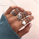 Wjczt Punk Gothic Heart Ring Set for Women Black Dice Vintage Spades Ace Silver Plated Retro Rhinestone Charm Billiards Finger Jewelry