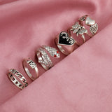 Wjczt Punk Gothic Heart Ring Set for Women Black Dice Vintage Spades Ace Silver Plated Retro Rhinestone Charm Billiards Finger Jewelry