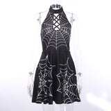 Wjczt Black Slim Halloween High Waist Sexy Halter Lace-up Mini Dress Off Shoulder Dress Women&#39;s Gothic Hollow Halter Dress