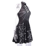 Wjczt Black Slim Halloween High Waist Sexy Halter Lace-up Mini Dress Off Shoulder Dress Women&#39;s Gothic Hollow Halter Dress