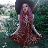 Wjczt Black Slim Halloween High Waist Sexy Halter Lace-up Mini Dress Off Shoulder Dress Women&#39;s Gothic Hollow Halter Dress