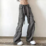 Wjczt Retro gray overalls wide leg cargo women pants women&#39;s trousers sexy low waist loose casual trousers vintage streetwear