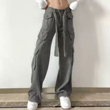 Wjczt Retro gray overalls wide leg cargo women pants women&#39;s trousers sexy low waist loose casual trousers vintage streetwear