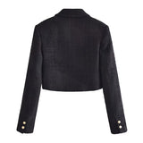 Wjczt Women Fashion Tweed Cropped Blazer Coat Vintage Long Sleeve Front Buttons Female Outerwear Chic Veste Femme