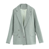 Wjczt 2022 Stylish Chic Houndstooth Gray Plaid Oversize Suit Women Double Breasted Pockets Long Texture Blazers With Buttons