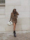 Wjczt Vintage Elegant Houndstooth Plaid Skirts Suits Women Fashion Cropped Texture Blazers Mini Skirts Ladies Outwear