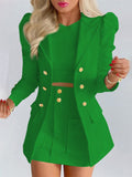 Wjczt Factory Wholesale Customization Puff Sleeve Buttoned Blazer Coat &amp; Pocket Design Skirt Set Women&#39;s Suit With a Skirt Suits Sets