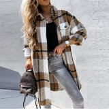 Wjczt Elegant Women&#39;s Long Shirts 2022 Fall/Winter New Hot Sale Single-breasted Lapel Pocket Full Sleeve Plaid Cotton Jacket For Women