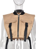 Wjczt Women Sleeveless Pockets Buckle Zipper Sexy Cropped Jacket Vest Top 2022 Spring Fall Harajuku Party Safari Waistcoat Streetwear
