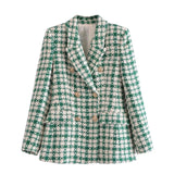 Wjczt 2022 Women New Casual Tweed Blazer Vintage Office Lady Autumn Jacket Coat double Breasted Outwear Female Chic Tops
