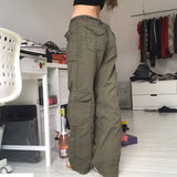 Wjczt Retro gray overalls wide leg cargo women pants women&#39;s trousers sexy low waist loose casual trousers vintage streetwear