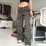 Wjczt Retro gray overalls wide leg cargo women pants women&#39;s trousers sexy low waist loose casual trousers vintage streetwear