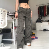 Wjczt Retro gray overalls wide leg cargo women pants women&#39;s trousers sexy low waist loose casual trousers vintage streetwear