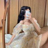 Wjczt French Floral Dress Women Sexy Puff Sleeve Lace Chiffon Print Mini Dress Women Summer Korean Style Vintage Fairy Dress New 2022