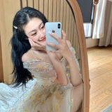 Wjczt French Floral Dress Women Sexy Puff Sleeve Lace Chiffon Print Mini Dress Women Summer Korean Style Vintage Fairy Dress New 2022