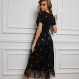 Wjczt Fashion Elegant Strawberry Dress Bodycon Casual Women Dress Summer Sexy Mesh Black Vintage Lace Long Evening Party Dress