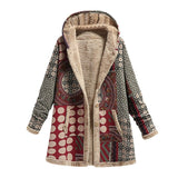 Wjczt 2022 Winter Vintage Women Coat Warm Printing Thick Fleece Hooded Long Jacket with Pocket Ladies Outwear Loose Coat for Women