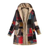 Wjczt 2022 Winter Vintage Women Coat Warm Printing Thick Fleece Hooded Long Jacket with Pocket Ladies Outwear Loose Coat for Women