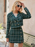 Wjczt Simplee Office plaid lapel women blazer autumn Elegant high waist split female mini skirt suits  Fashion long sleeve suit set