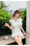 Wjczt 2022 Summer Sexy Hollow Out Embroidery Lace Set Women&#39;s Suits Ruffles Short Sleeve Tops + White Mini Short Skirts 2 Piece Sets