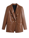 Wjczt Women Fashion With Buttoned Faux Leather Blazer Coat Vintage Long Sleeve Flap Pockets Female Veste Femme