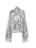 Wjczt Women&#39;s Tassel Sequin Jacket 2022 Autumn Winter Streewear Rock BF Retro Long-sleeved Silver Reflective Jacket Women Outwear Tops