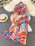 Wjczt Spring Autumn New Casual Fashion Suit Women&#39;s Long-sleeved Printed Chiffon Shirt Two-piece High-waist Pleated Skirt KK1833