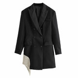 Wjczt Women 2022 Fashion Double-breasted Blazers Coat Vintage Long Sleeves Female Black Slim Tassel Drill Decoration Chic Outerwear