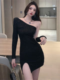 Wjczt New Sexy Strapless Exposed Collarbone Full Sleeve Mini Hip 2022 Thin Irregular Dresses Women&#39;s Fashion EJNT