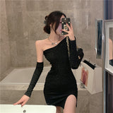 Wjczt New Sexy Strapless Exposed Collarbone Full Sleeve Mini Hip 2022 Thin Irregular Dresses Women&#39;s Fashion EJNT