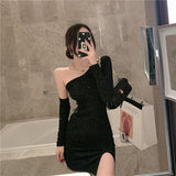 Wjczt New Sexy Strapless Exposed Collarbone Full Sleeve Mini Hip 2022 Thin Irregular Dresses Women&#39;s Fashion EJNT