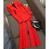 Wjczt Blazer Pantsuits Two Piece Set Office Ladies Women Yellow Purple Business Single Buttons Flared Pants Blazer + Pants Formal Suit