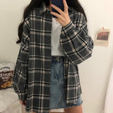 Wjczt  Flannel Oversized Shirt Long Sleeve Collared Boyfriend Plaid Blouse Fall Winter Women&#39;s Blouses &amp; Shirts *