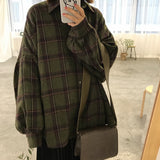 Wjczt  Flannel Oversized Shirt Long Sleeve Collared Boyfriend Plaid Blouse Fall Winter Women&#39;s Blouses &amp; Shirts *