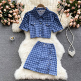 Wjczt New Summer Fashion Houndstooth Denim Two Piece Set Women Short Jeans Jacket Crop Top + Mini Skirts Sets Streetwear 2 Piece Sets